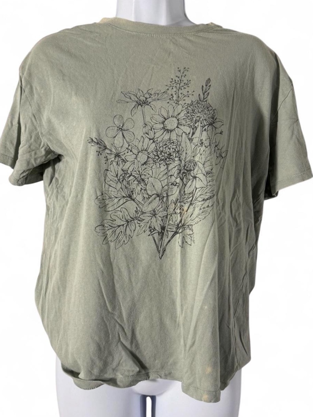 Fifth Sun Sage Green Short Sleeve Tee with Black Floral Sketch